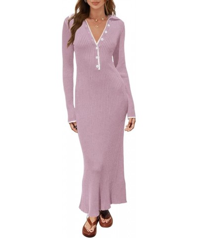 Women's Long Sleeve V Neck Sweater Maxi Dress Casual Button Ribbed Knit Slim Fit Elegant Maxi Dresses Party Clubwear Pinkish ...