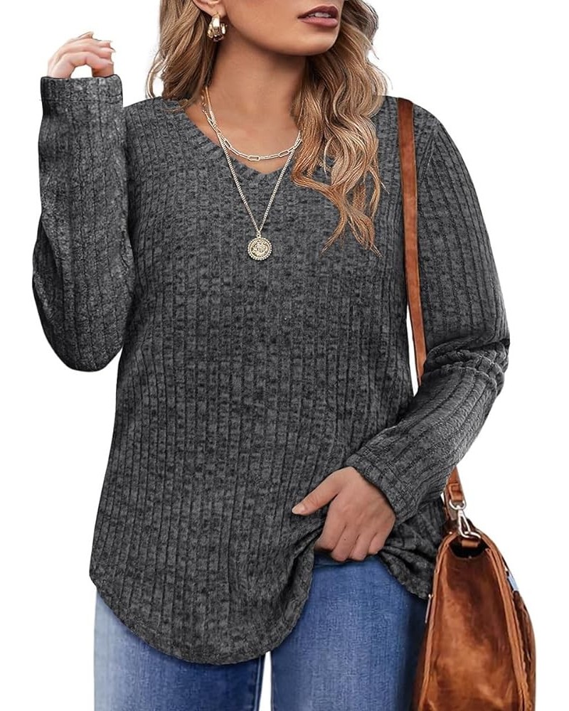 Plus Size Tops for Women Long Sleeve Fall Shirts Lightweight Sweaters Basic V Neck Tunics 2024 Casual T Shirt XL-5XL 8-dark G...