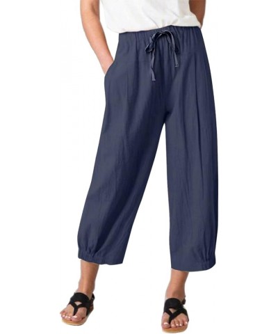 Women High Waist Casual Wide Leg Palazzo Pants Linen Drawstring Cropped Pants Trousers Regular Size Dark Blue $11.00 Pants