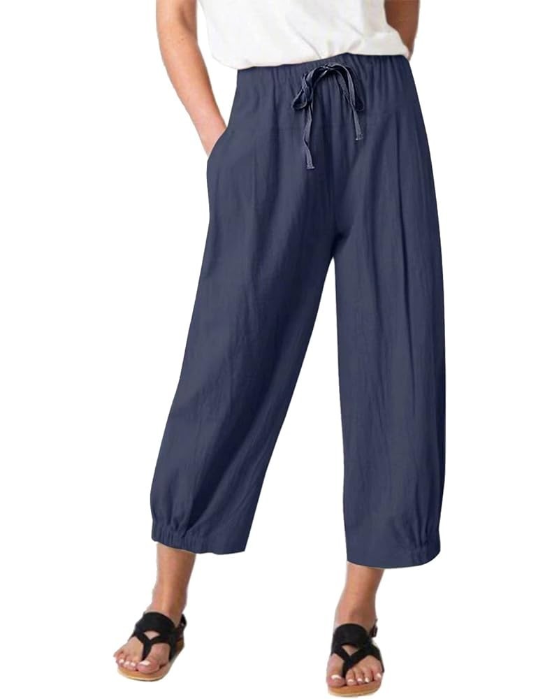 Women High Waist Casual Wide Leg Palazzo Pants Linen Drawstring Cropped Pants Trousers Regular Size Dark Blue $11.00 Pants