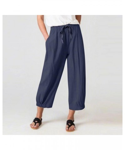 Women High Waist Casual Wide Leg Palazzo Pants Linen Drawstring Cropped Pants Trousers Regular Size Dark Blue $11.00 Pants