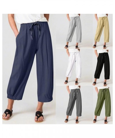 Women High Waist Casual Wide Leg Palazzo Pants Linen Drawstring Cropped Pants Trousers Regular Size Dark Blue $11.00 Pants