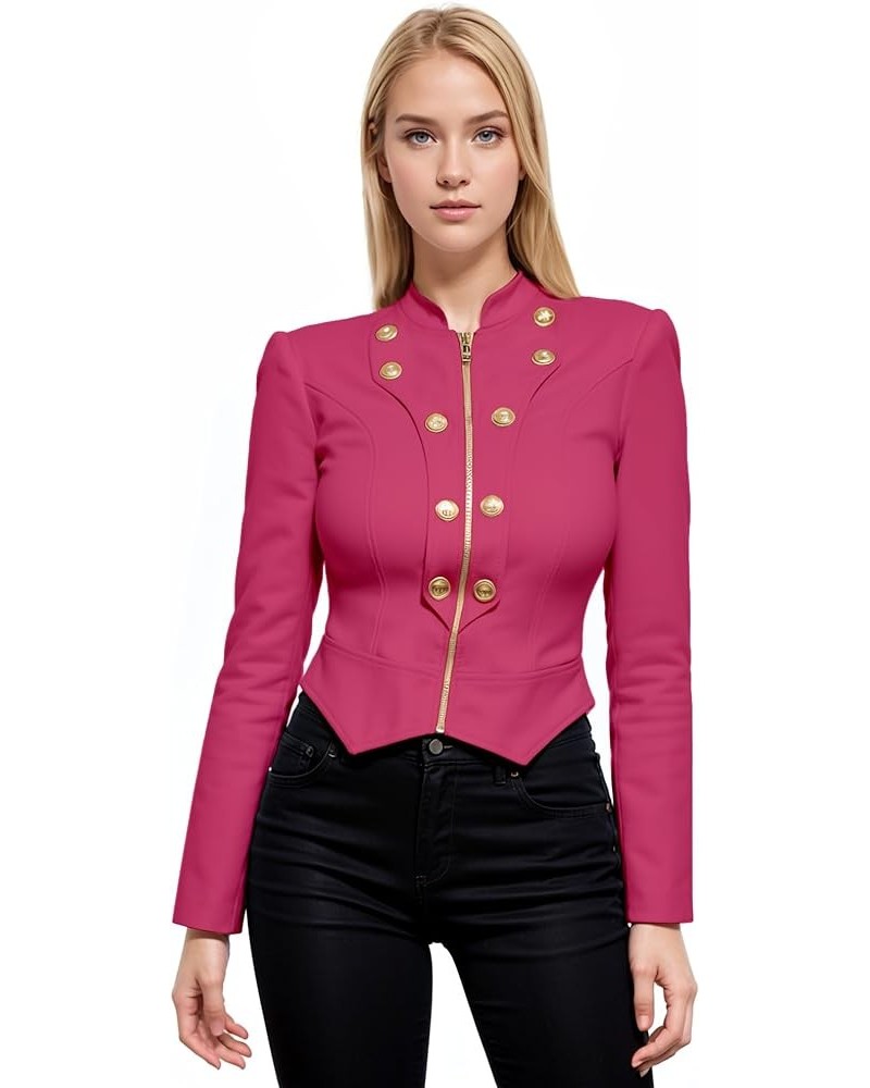 Women's Fashion Military Crop Premium Ultra Stretch Gold/Sliver Zip Up Dressy Blazer Jacket Fuchsia $19.03 Blazers