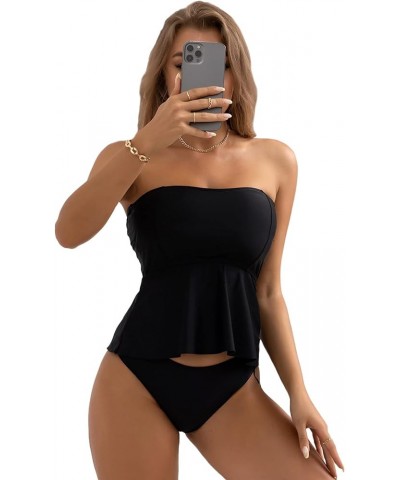 Women's Strapless Bandeau Tube Ruffle Hem Bikini Swimsuit Top Black $15.60 Swimsuits