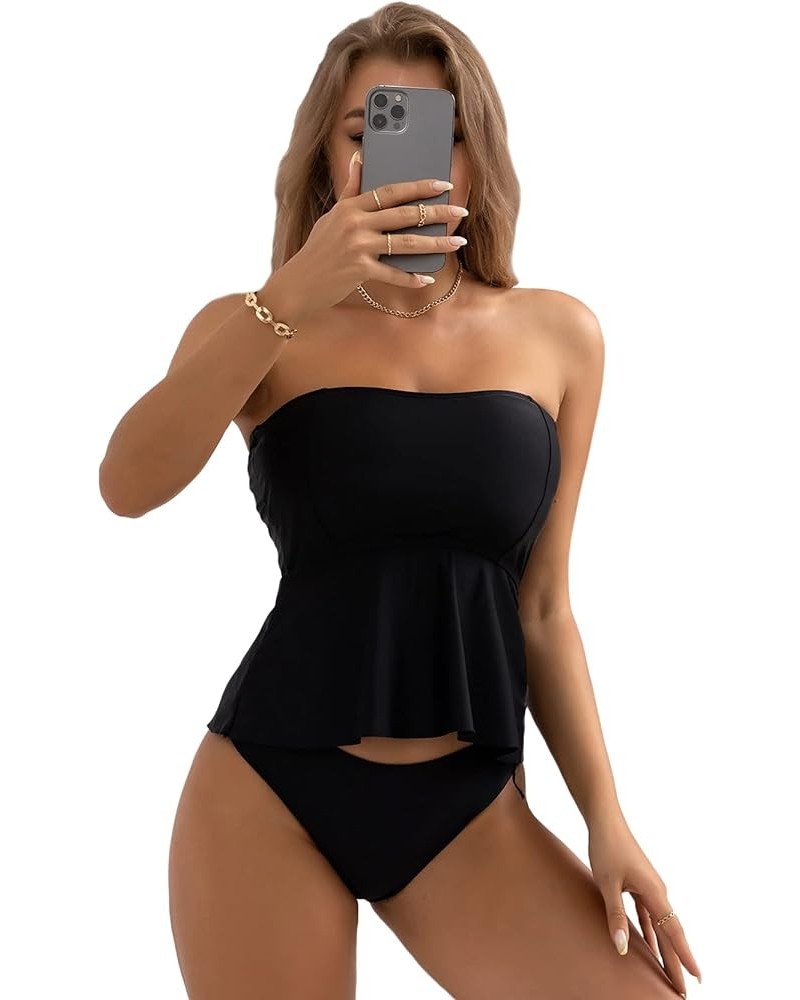 Women's Strapless Bandeau Tube Ruffle Hem Bikini Swimsuit Top Black $15.60 Swimsuits