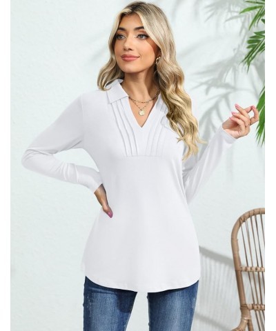 Womens Long Sleeve Polo Shirts V Neck Collared Tops Fall Lapel Dressy Business Casual Blouses White $12.25 Shirts