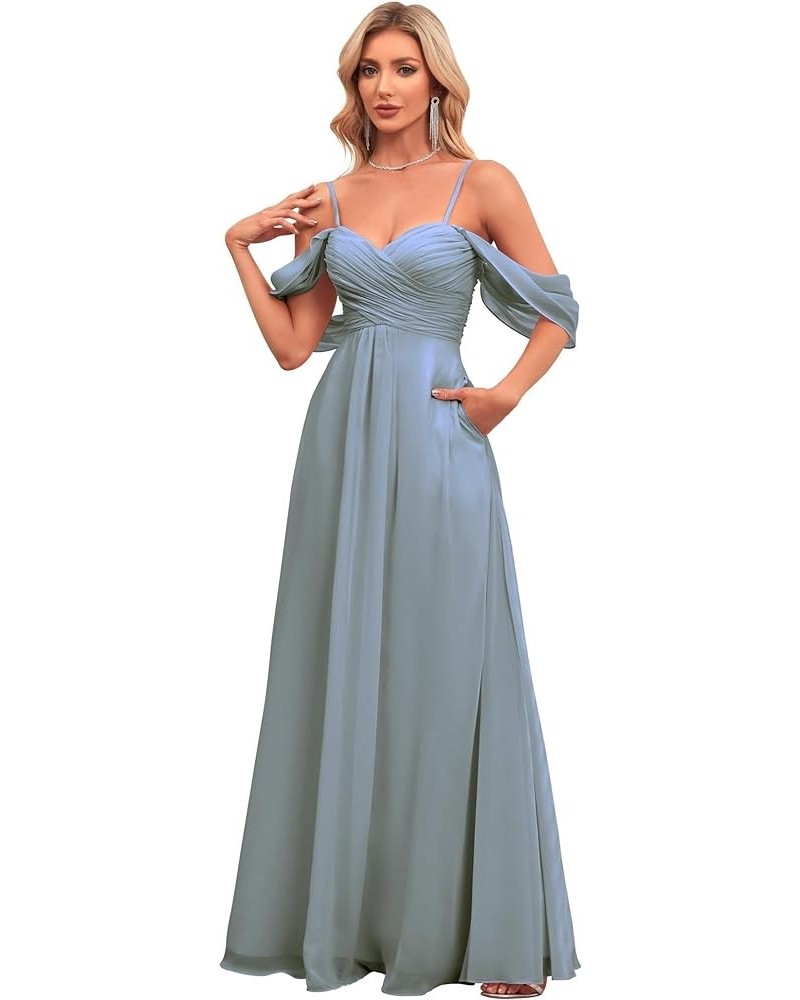 Women's Off The Shoulder Bridesmaid Dresses Long with Pockets A Line Pleated Chiffon Formal Evening Party Gowns UU20 Dusty Bl...