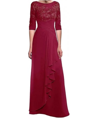 Women's 3/4 Sleeve Mother of The Bride Dresses for Wedding Long Chiffon Lace Appliques Formal Evening Gown Wine Red $33.20 Dr...