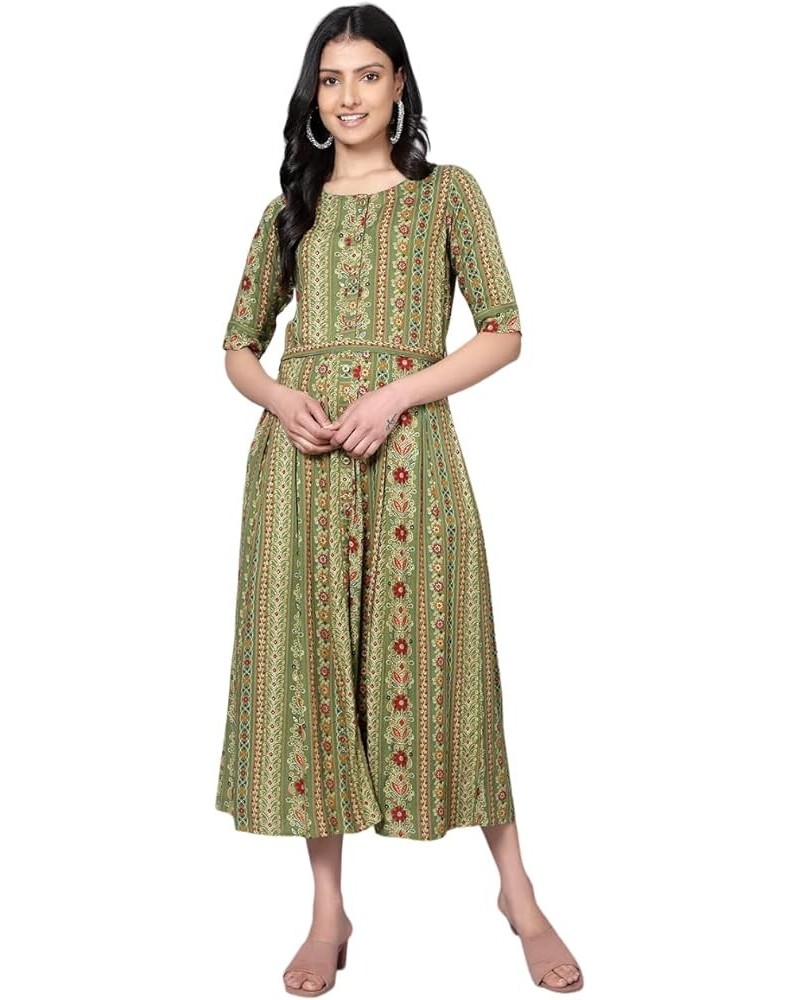 Rayon Printed Maxi Dress with Belt Round Neck Half Sleeves Indian Midi Dresses for Women Flowy Swing Dress Green $12.37 Dresses