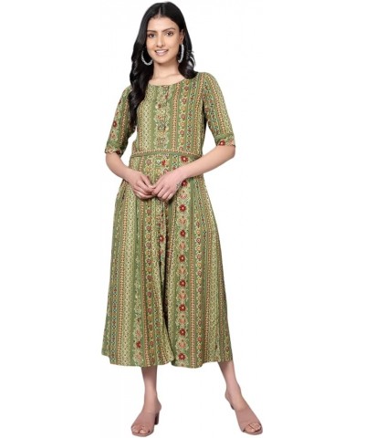 Rayon Printed Maxi Dress with Belt Round Neck Half Sleeves Indian Midi Dresses for Women Flowy Swing Dress Green $12.37 Dresses