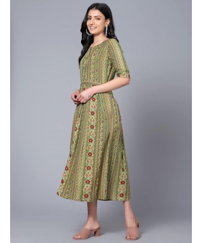 Rayon Printed Maxi Dress with Belt Round Neck Half Sleeves Indian Midi Dresses for Women Flowy Swing Dress Green $12.37 Dresses