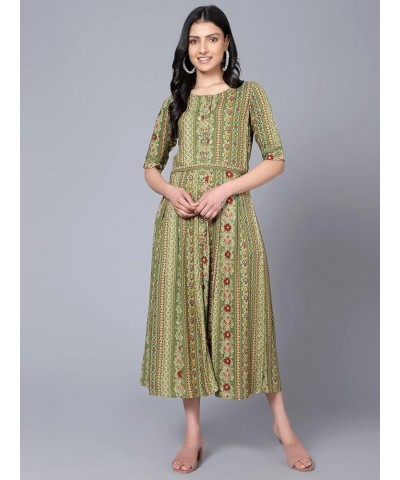 Rayon Printed Maxi Dress with Belt Round Neck Half Sleeves Indian Midi Dresses for Women Flowy Swing Dress Green $12.37 Dresses