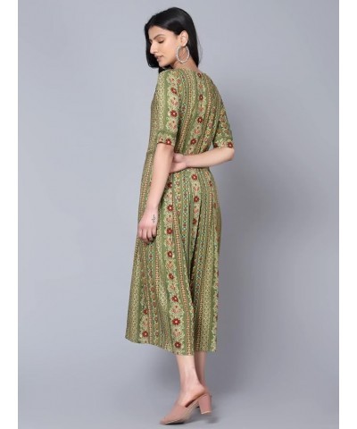 Rayon Printed Maxi Dress with Belt Round Neck Half Sleeves Indian Midi Dresses for Women Flowy Swing Dress Green $12.37 Dresses