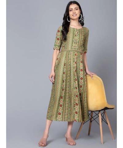 Rayon Printed Maxi Dress with Belt Round Neck Half Sleeves Indian Midi Dresses for Women Flowy Swing Dress Green $12.37 Dresses