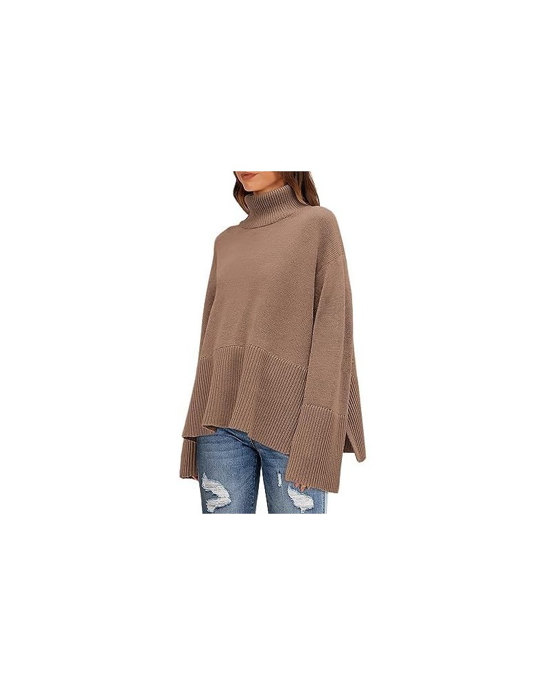 Women's Oversized Cozy Turtleneck Knit Sweaters Loose Fit Ribbed Winter Clothes with Side Slits Dark Apricot $11.79 Sweaters