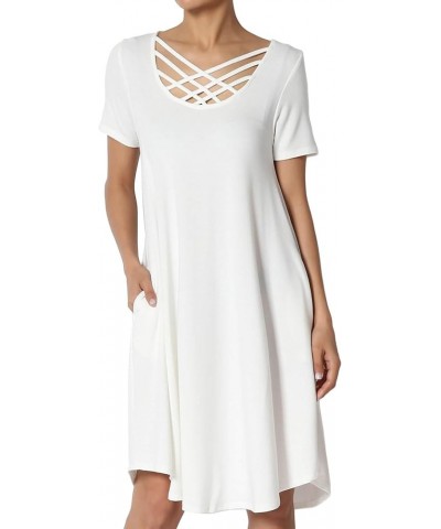 Women's Strappy Caged Scoop Neck 3/4 Sleeve Flowy Swing Pocket T-Shirt Dress Ivory S/S $11.02 Tops