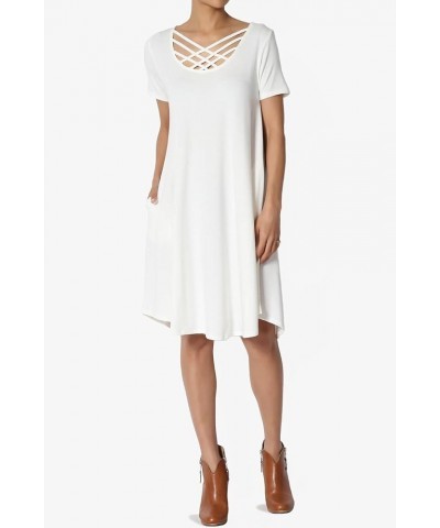 Women's Strappy Caged Scoop Neck 3/4 Sleeve Flowy Swing Pocket T-Shirt Dress Ivory S/S $11.02 Tops