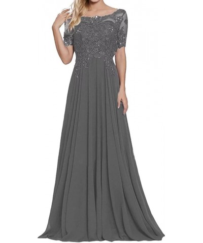 Lace Appliques Mother of The Bride Dresses Chiffon Long Formal Evening Dress Short Sleeves Dresses for Women Grey $34.78 Dresses