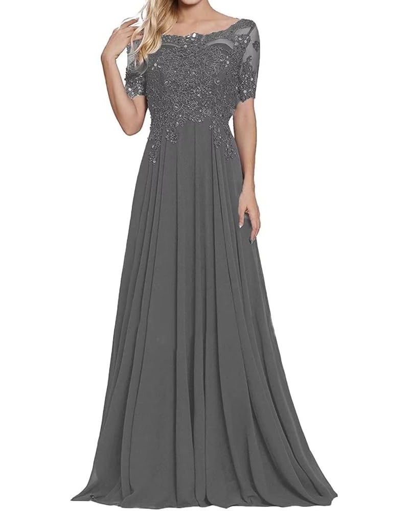 Lace Appliques Mother of The Bride Dresses Chiffon Long Formal Evening Dress Short Sleeves Dresses for Women Grey $34.78 Dresses