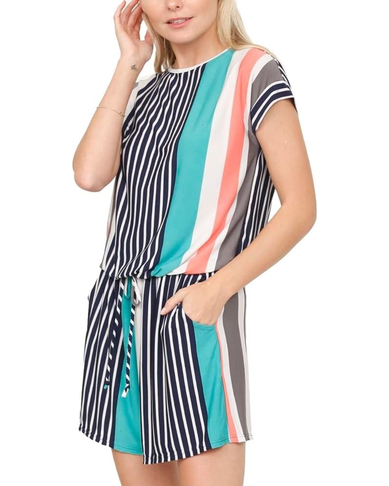 Eloges Women's Tie Back Romper | Solid Stripe Floral Chevron | S-3X Plus Coral Teal Multi Stripe $13.28 Jumpsuits