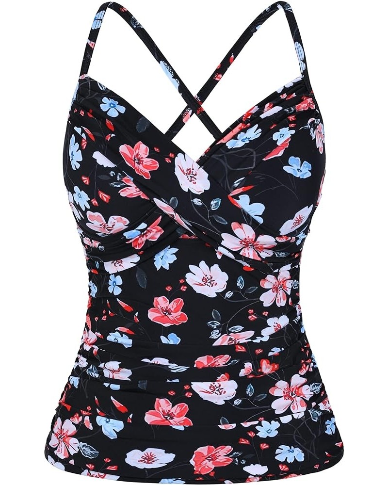 Womens Underwire Tankini Swim Top Cross Front V Neck Swimsuit Tops Ruched Tummy Control Swimwear Pink&red Floral $16.40 Swims...