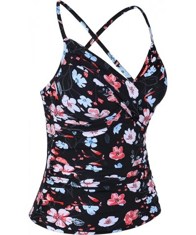 Womens Underwire Tankini Swim Top Cross Front V Neck Swimsuit Tops Ruched Tummy Control Swimwear Pink&red Floral $16.40 Swims...