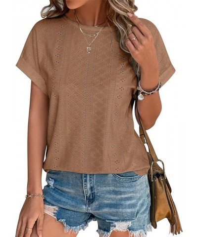 Womens Tops Eyelet Embroidery Summer Spring Fashion Clothes Y2K Going Out 2024 Casual Short Sleeve Blouse T Shirts Brown $12....