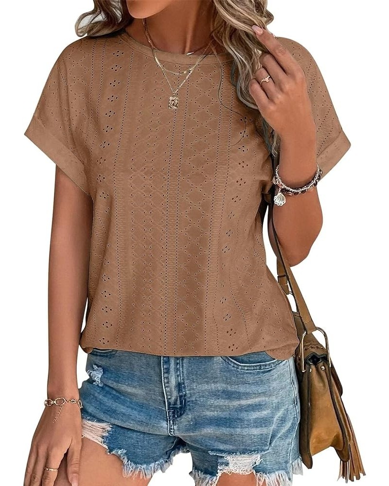 Womens Tops Eyelet Embroidery Summer Spring Fashion Clothes Y2K Going Out 2024 Casual Short Sleeve Blouse T Shirts Brown $12....