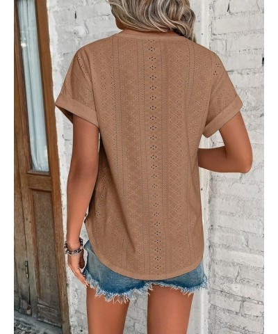 Womens Tops Eyelet Embroidery Summer Spring Fashion Clothes Y2K Going Out 2024 Casual Short Sleeve Blouse T Shirts Brown $12....