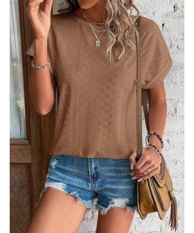 Womens Tops Eyelet Embroidery Summer Spring Fashion Clothes Y2K Going Out 2024 Casual Short Sleeve Blouse T Shirts Brown $12....