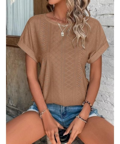 Womens Tops Eyelet Embroidery Summer Spring Fashion Clothes Y2K Going Out 2024 Casual Short Sleeve Blouse T Shirts Brown $12....