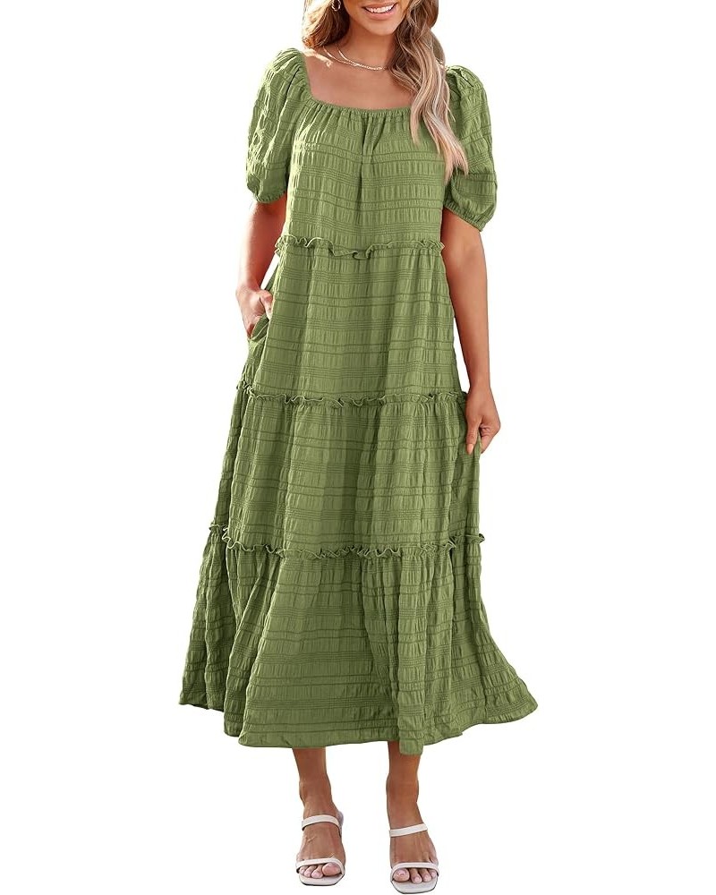 Women's Summer Maxi Dress Short Sleeve Square Neck Ruffle Tiered Flowy Casual Boho Long Dresses with Pockets Light Army Green...