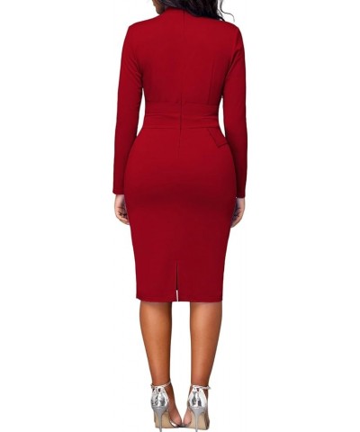 Women Church Dress Work Business Dresses Bodycon Sleeve Round Neck Pencil Dresses B-red $21.65 Dresses