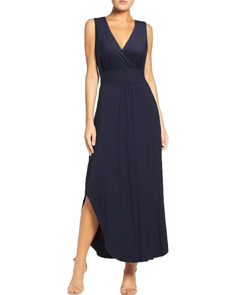 Women Sleeveless Deep V Neck Pocket Loose Long Dress Split Maxi Casual Dresses Navy Blue $15.74 Dresses