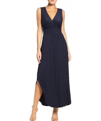 Women Sleeveless Deep V Neck Pocket Loose Long Dress Split Maxi Casual Dresses Navy Blue $15.74 Dresses