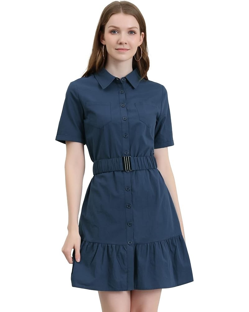 Women's Casual Shirt Dress Ruffled Hem Belted Button Up Mini Dresses Dark Blue $20.25 Dresses