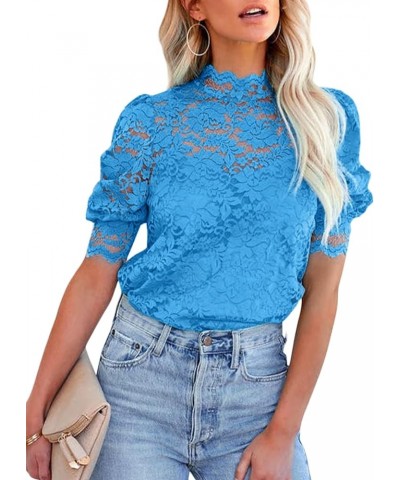 Womens Crochet Lace Tops Puff Short Sleeve Mock Neck Blouse Shirts with Camisole Blue $16.63 Blouses