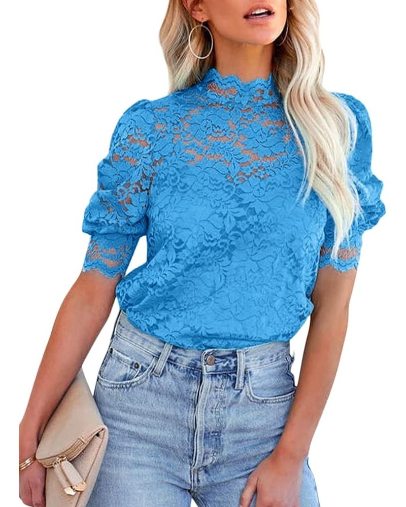 Womens Crochet Lace Tops Puff Short Sleeve Mock Neck Blouse Shirts with Camisole Blue $16.63 Blouses