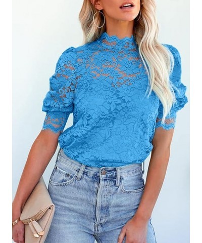 Womens Crochet Lace Tops Puff Short Sleeve Mock Neck Blouse Shirts with Camisole Blue $16.63 Blouses