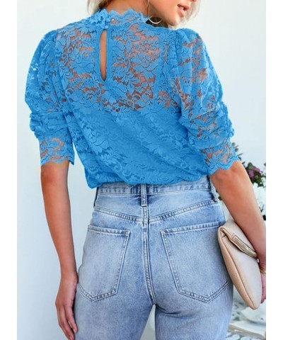 Womens Crochet Lace Tops Puff Short Sleeve Mock Neck Blouse Shirts with Camisole Blue $16.63 Blouses