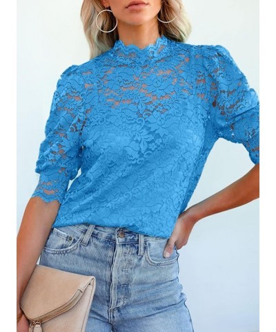 Womens Crochet Lace Tops Puff Short Sleeve Mock Neck Blouse Shirts with Camisole Blue $16.63 Blouses