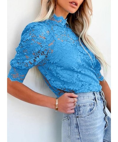 Womens Crochet Lace Tops Puff Short Sleeve Mock Neck Blouse Shirts with Camisole Blue $16.63 Blouses