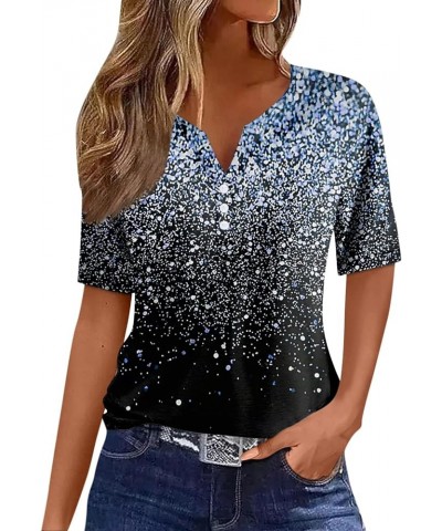 Summer Outfits for Women Fashion Womens Short Sleeve Tops Graphic Tees Trendy Ladies Button V Neck Blouses Clothes K-blue $7....