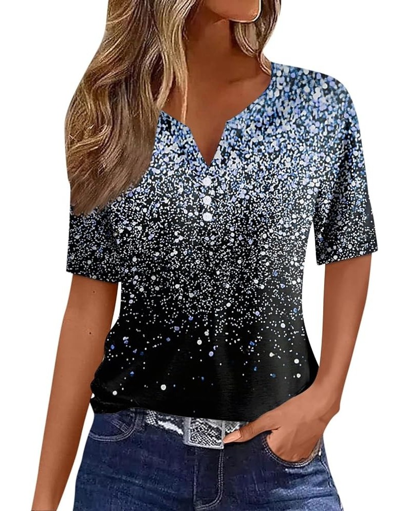 Summer Outfits for Women Fashion Womens Short Sleeve Tops Graphic Tees Trendy Ladies Button V Neck Blouses Clothes K-blue $7....