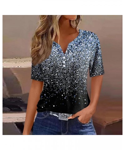 Summer Outfits for Women Fashion Womens Short Sleeve Tops Graphic Tees Trendy Ladies Button V Neck Blouses Clothes K-blue $7....