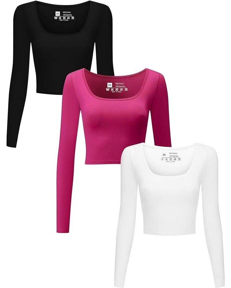 3 Piece Women's Lightweight Long Sleeve Crop Tops Square Neck Cropped Top Set for Women Workout Gym Exercise Yoga Black/White...