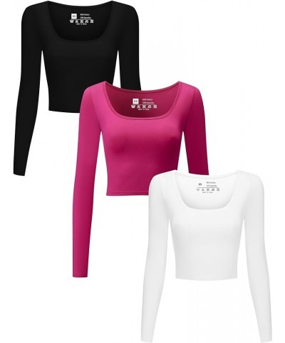 3 Piece Women's Lightweight Long Sleeve Crop Tops Square Neck Cropped Top Set for Women Workout Gym Exercise Yoga Black/White...