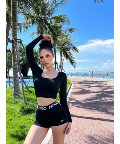 3 Piece Women's Lightweight Long Sleeve Crop Tops Square Neck Cropped Top Set for Women Workout Gym Exercise Yoga Black/White...