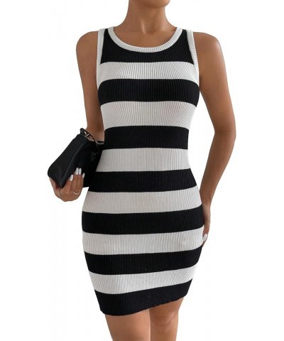 Women's Knit Dress Striped Round Neck Sleeveless Knitted Short Bodycon Tank Sweater Dress Black and White $14.49 Dresses