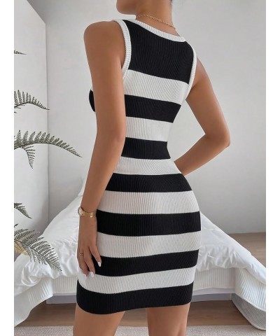 Women's Knit Dress Striped Round Neck Sleeveless Knitted Short Bodycon Tank Sweater Dress Black and White $14.49 Dresses